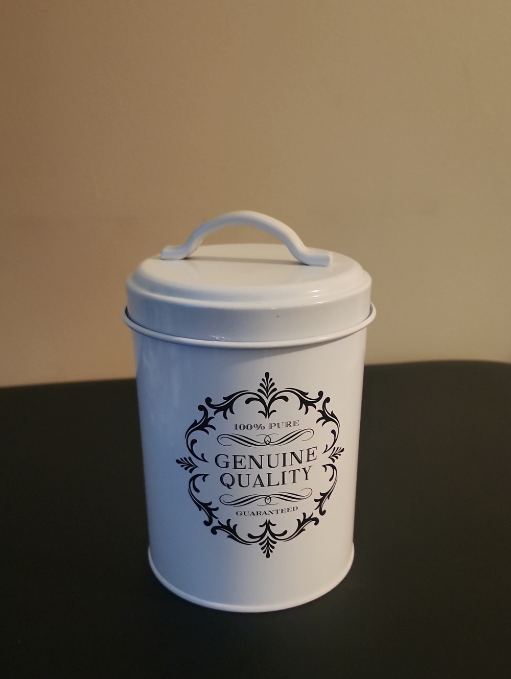 White Metal Canister with Handle - 'Genuine Quality' Print